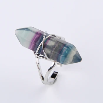 1db Természetes Kő Fluorit Hatszög Wire Wrap Gyűrű Gyógyító Pont Csakra Drágakő Gyöngyök Koktél Ujj Nő, Állítható Gyűrű
