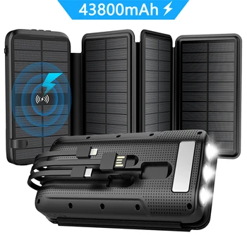 43800mAh Solar Power Bank 5W Qi Vezeték nélküli Töltő Beépített Kábel Powerbank iPhone 13 12 Samsung Xiaomi Poverbank a Fény