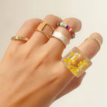 6 Db/Készlet Édes Trendi Színes Átlátszó Gyanta Gyümölcs Gyűrűk Női Divat Aranyos Geometriai Gyöngyök Gyűrűk Set Ékszerek Ajándékok