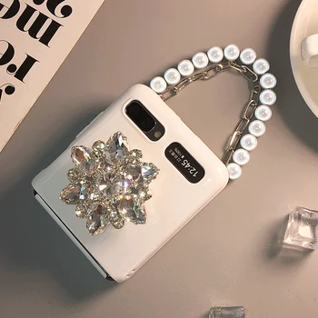 Bling Gyémánt Tartó tok Samsung Galaxy Z Flip 3 F7110 Gyöngy Kezét Lánc Védő Vissza Shell Cover Galaxy Z Flip 5G