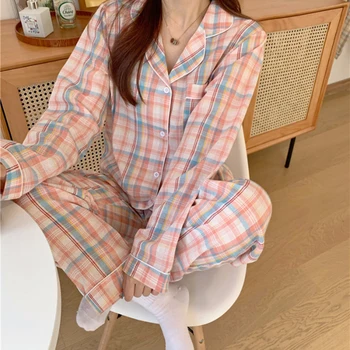 Elvoegirl Aranyos Rács Lány Pizsama Szett Koreai Őszi Téli Új Hosszú Ujjú Szabadidő Hálóruházat Nők Laza Hálóruha Homewear Öltöny