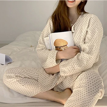 fehér virágmintás pizsama szett női hosszú ujjú klasszikus pamut pizsama homewear hálóruházat, női édes koreai két darab set L257