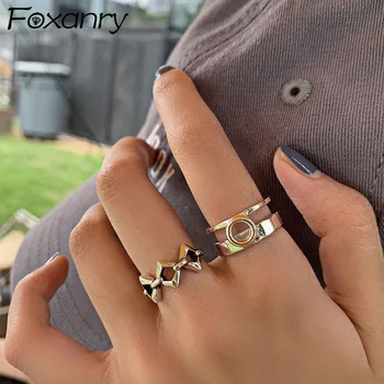 Foxanry 925 Sterling Ezüst Gyűrűk Ujját INS Divat Egyszerű Üreges Szabálytalan Geometriai Klasszikus Punk Parti Ékszer Ajándék Nőknek