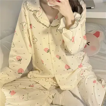 HOUZHOU Tavaszi Őszi Pizsama Női Kawaii Eper Medve Nyomtatás Pijamas Fodor Lobbant Ujjú Pizsama Hálóruházat Loungewear