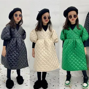 Kislány Koreai Stílus Pamut Kabát Gyermekek Puff Ujjú Hosszú Felsőruházat Gyerekek Téli Új Divat Laza Kabátok, Trench-4-14Y WZ427