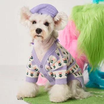 Kutya ruhák lila virág, őszi, téli ruhák szakaszon módszer Schnauzer Hiromi Bichon Teddy pet pulóver, kardigán
