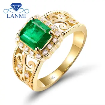LANMI Emerald Vágott Eljegyzési Gyűrűk 6x8mm Természetes Smaragd, Gyémánt, Drágakő Szilárd 14K Sárga Arany Gyűrű 89EM-WU018