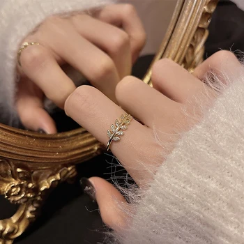 Luxus Cirkon Kristály Levél Alakú Nyílás Gyűrűk Nő Szokatlan Tartozékok Koreai Divat Ékszerek Párt Lányok Gyűrűk