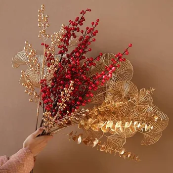 Mesterséges Karácsonyi Bogyó, Piros Arany Hab Vagyont Gyümölcsök, Növények DIY Esküvői Haza Asztal Dekoráció Hamis Virág, Fotó Kellékek 85 cm