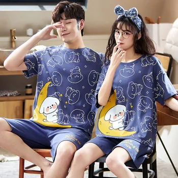 Nyári Pamut Pizsama Szett Divat Kék Rövid Ujjú Pár Hálóruházat Szabadidő Plus Size Férfi Homewear koreai Aranyos Női Pizsama