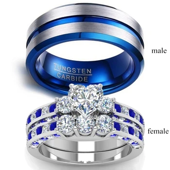 Pár Csengés - Férfi 8 mm-es Kék Rozsdamentes Stee Gyűrű Női Kék Gyűrű 2.0 ct Szív Kristály Menyasszonyi Esküvő, Eljegyzés, Ékszer, Ajándék