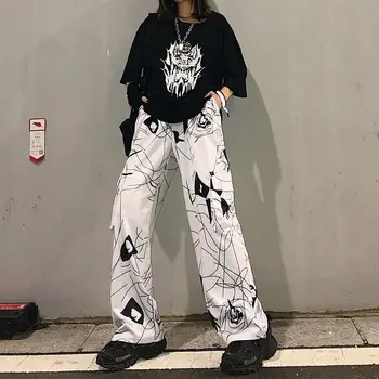 QWEEK Harajuku Gótikus Fehér Nadrág Női Hippi Széles Láb Nadrág koreai Stílus Laza Streetwear Magas Derék Melegítő