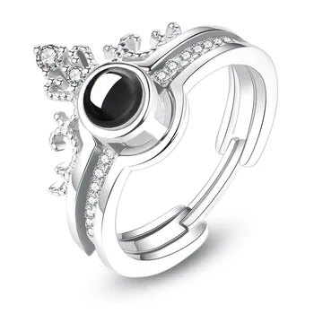 Romantikus 2 Db Beállítja, hogy Szeretlek 100 Nyelvek Gyűrűk Nők Ragyog CZ Kő Inlay Divat Ékszerek Szerető Párt Ajándék Korona Gyűrű