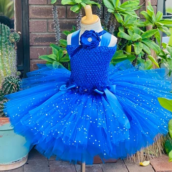 Royal Kék Virág Lányok Tutu Ruhák Csillogó Tüll Hercegnő Halloween Jelmezek Gyermek Gyerekek 1-14 év Virág, Születésnap Ruha