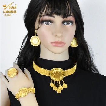 Ékszer Szettek Etióp Luxus Érme Nagy Nyaklánc Fülbevaló Karkötő Gyűrű Dubai Arany Nők Esküvői Vintage Ékszerek Nigériai Készlet