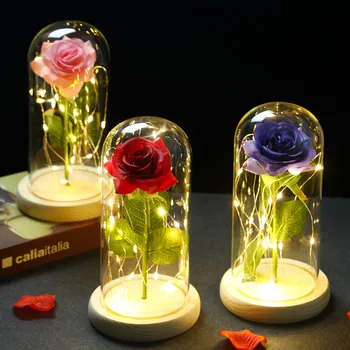 Új Villogó, színes LED éjszaka Fekete Base Galaxy Rose A Lombik Virág, Üveg Búra Valentin Napi Ajándék Esküvői Dekoráció