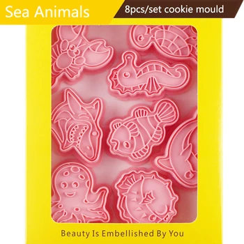 8db/set Tengeri Állatok Cookie Cutter 3D Műanyag Keksz Penész Pressable Cookie Penész Cookie Eszközök Konyha Dekorációs Kellékek