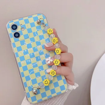 Koreai INS Pepita Rács Smiley Virág Karkötő, Lánc Puha tok IPhone 12 7 8 Plusz 11 Pro Max XR X XS Max hátlap